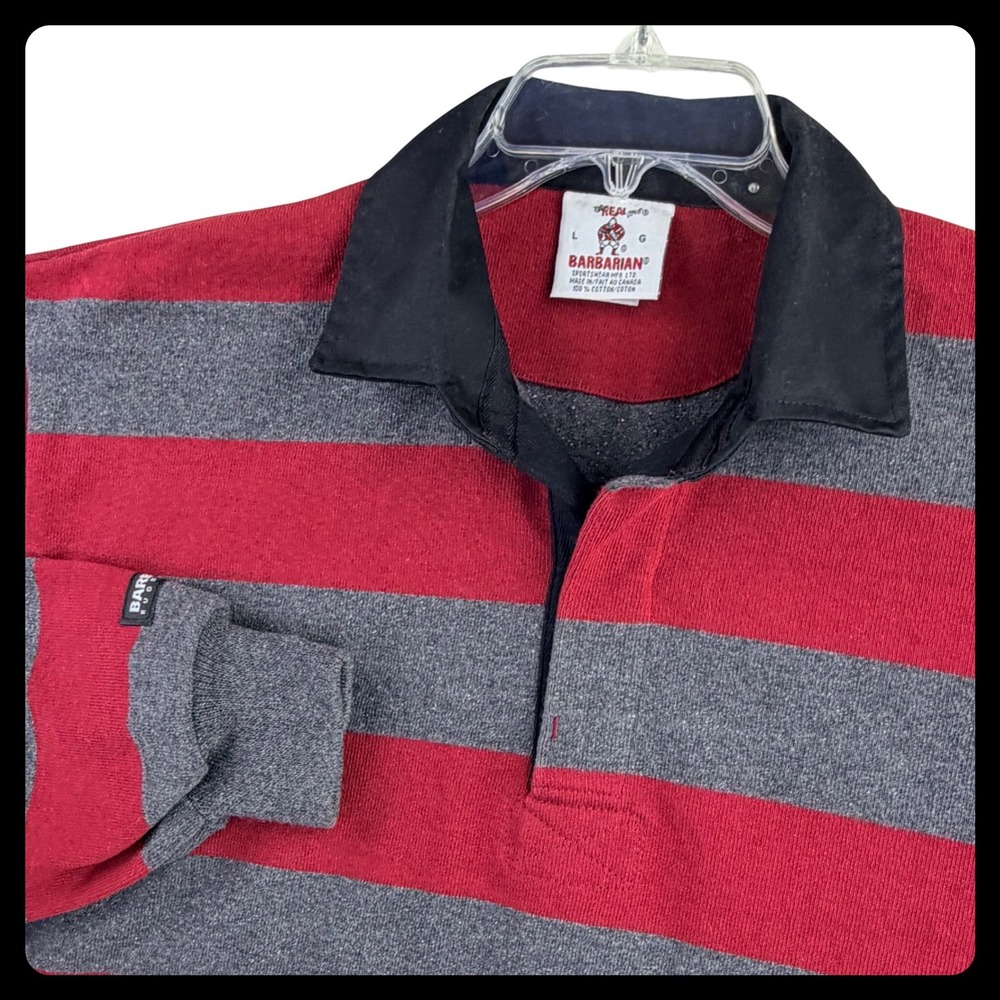 Vintage Barbarian Rugby Shirt Men Large Red Gray Striped Heavy Cotton Canada